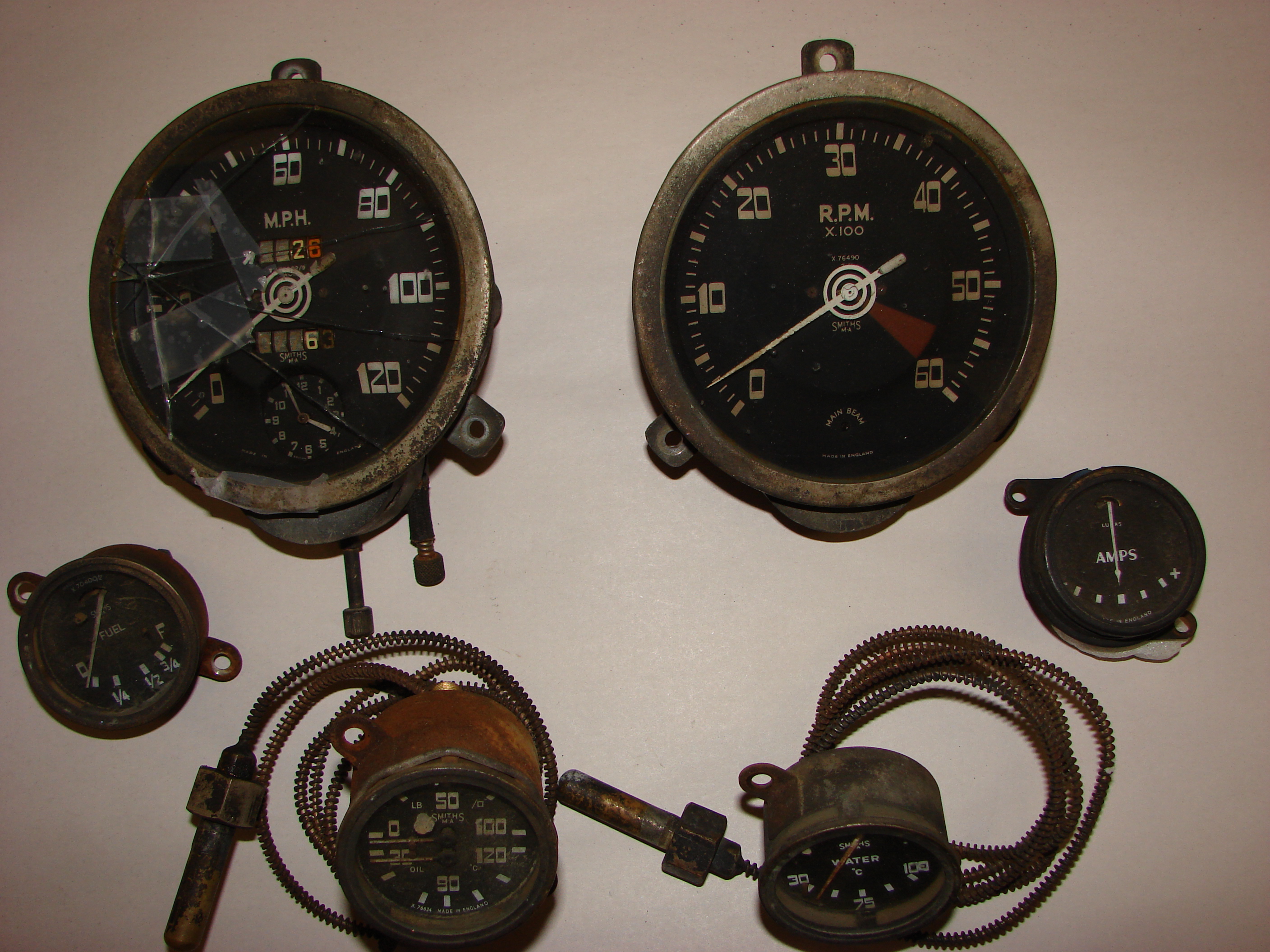 Old and dirty speedometers and car instruments