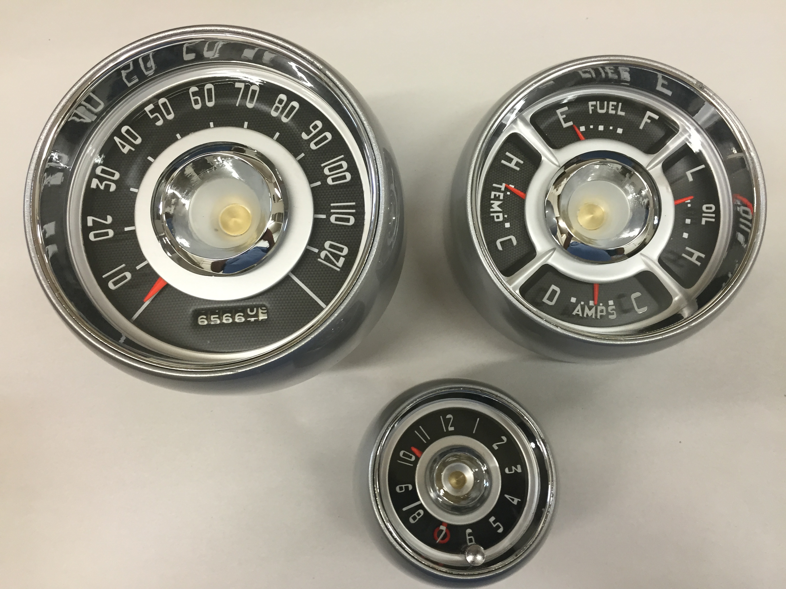 Three speedometers with a circular design